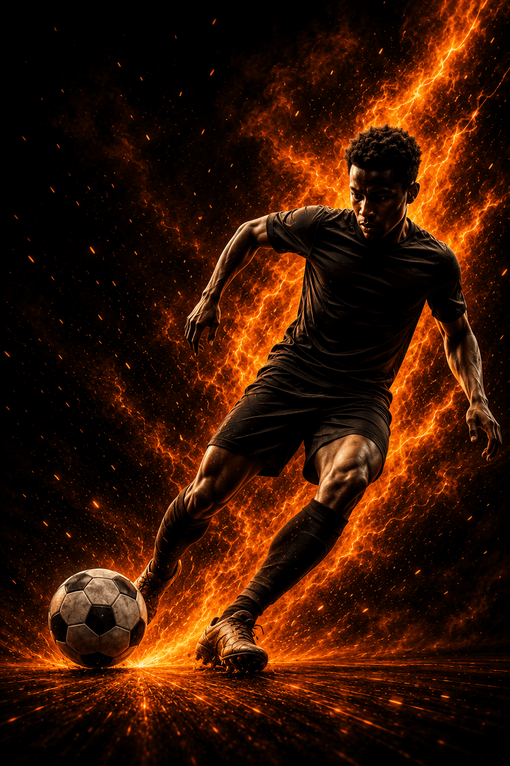 Young footballer dribbling with intensity surrounded by fire and energy