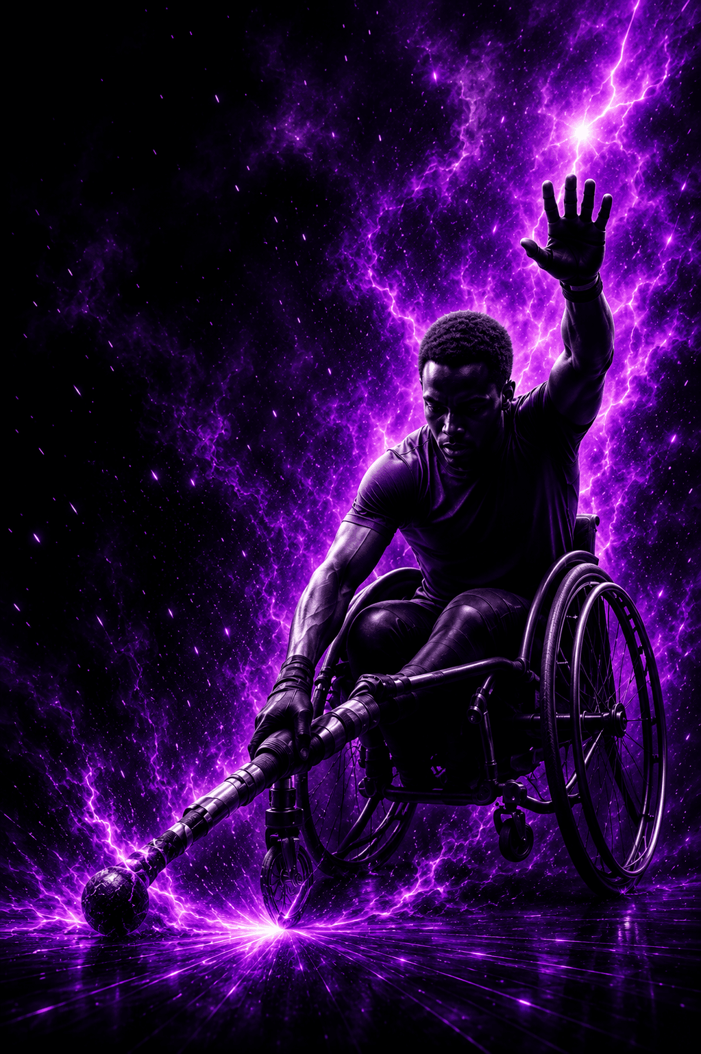 Para athlete in a wheelchair reaching upward surrounded by purple lightning energy